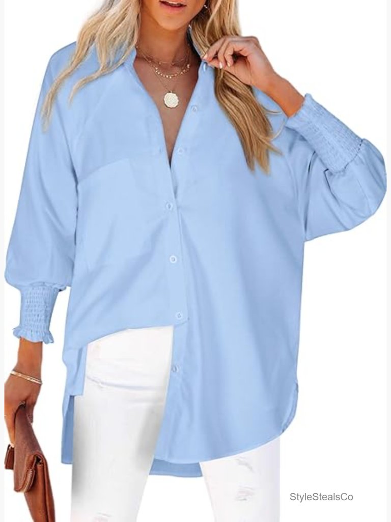 Oversized Smocked Cuff Blouse Long Sleeve Button Down Pocket Casual Top